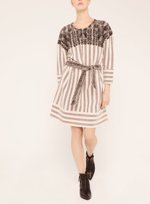 Straight Dress With Embroidered Stripes